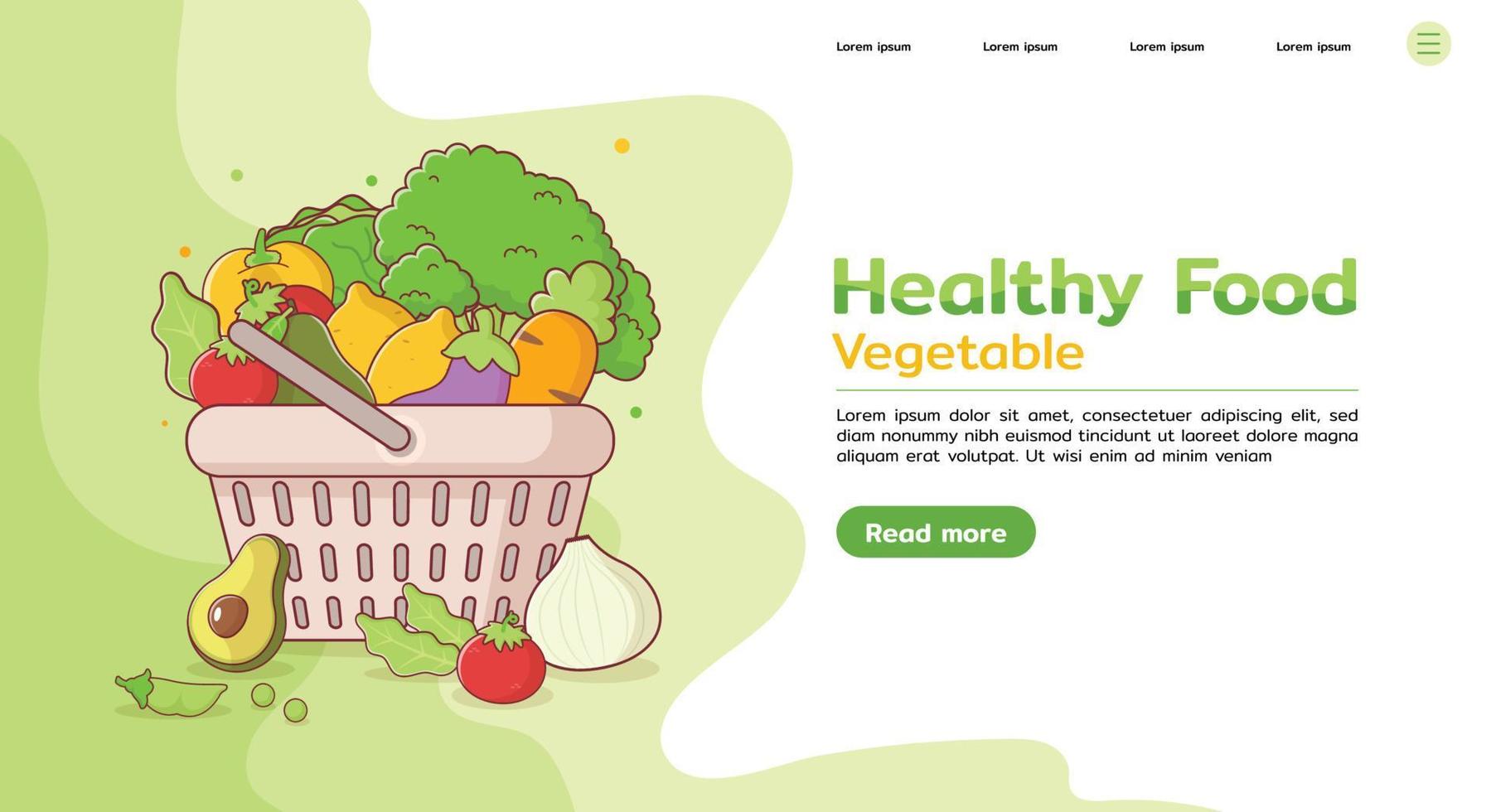 Cute dibujos animados de verduras divertidas en la cesta de la compra aislado sobre fondo de color verde para la plantilla. vector