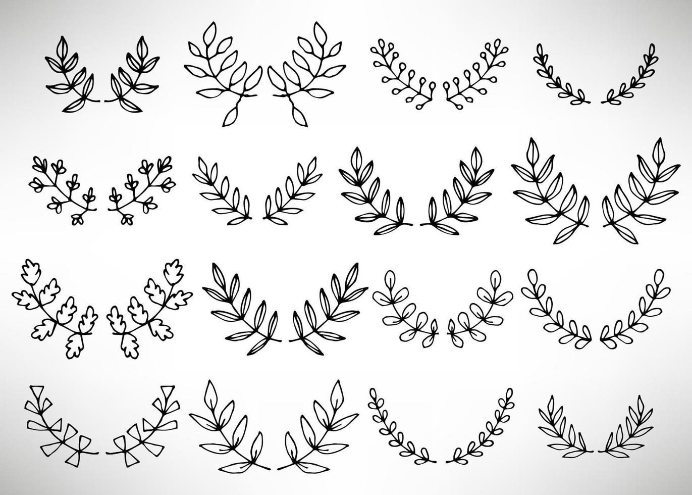 Black thin line wreath of hand drawn branches and leaves isolated on white background. Floral round frame. Laurel. vector