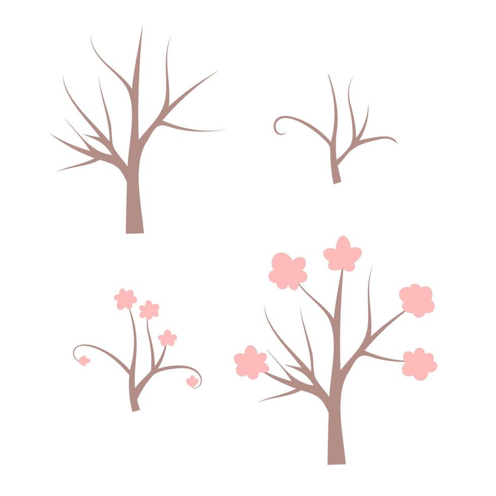 conjunto de árboles desnudos, árboles florecientes, ramas aisladas en fondo blanco. vector