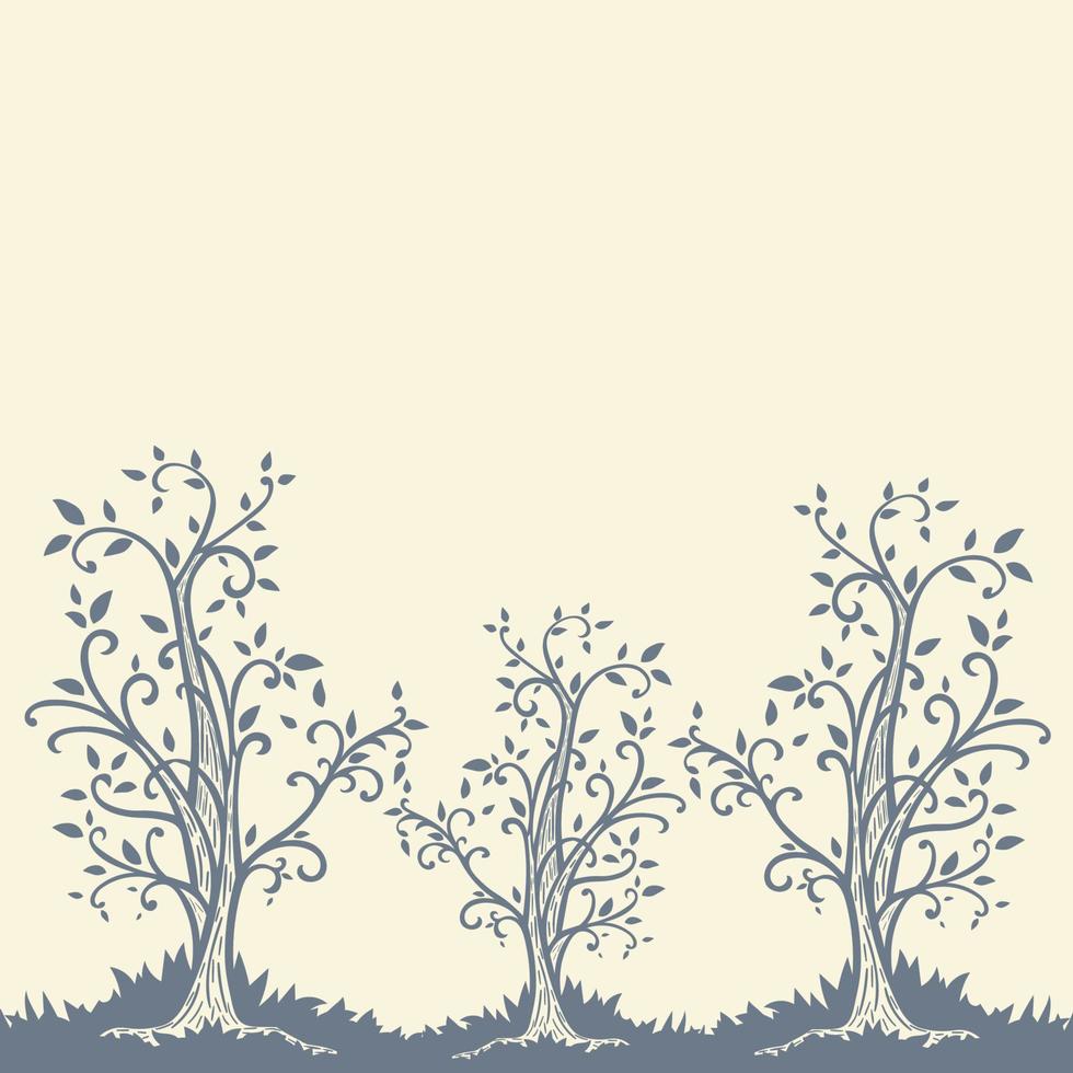 Leaflet with hand drawn pastel curly trees and empty space for your text isolated on beige background. vector