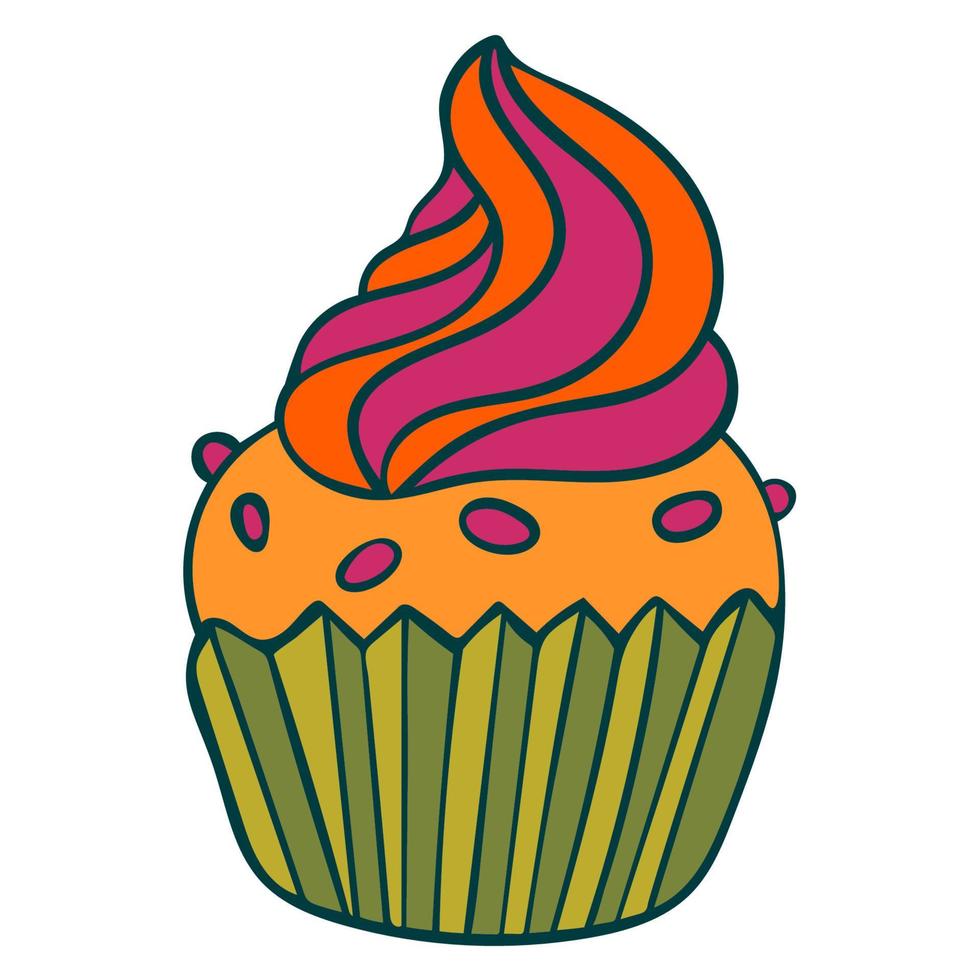 Cute colorful hand drawn cupcake icon. Cake of black thin line contour isolated on white background. Design element. vector