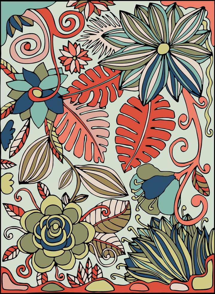postal dibujada a mano de línea delgada en blanco y negro con flores tropicales, selva, hojas de palma, jardín tropical. página del libro para colorear. vector