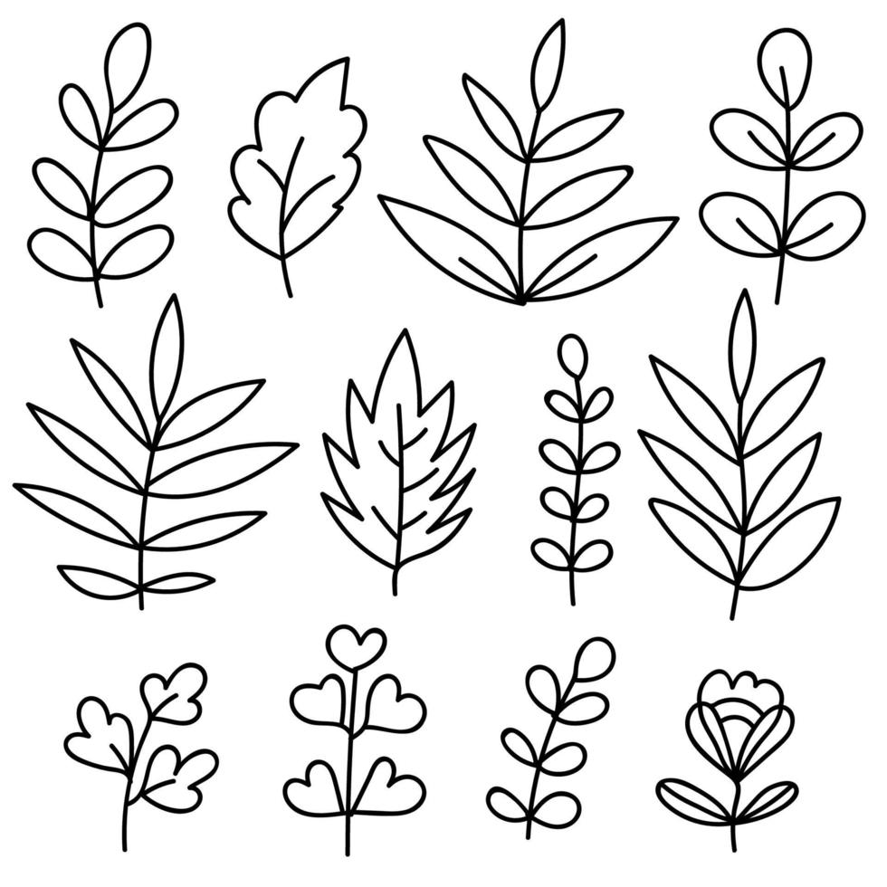 Big set of black hand drawn thin line cute doodle floral icons, flowers, peony, laurel, wreath. Design element collection isolated on white. vector