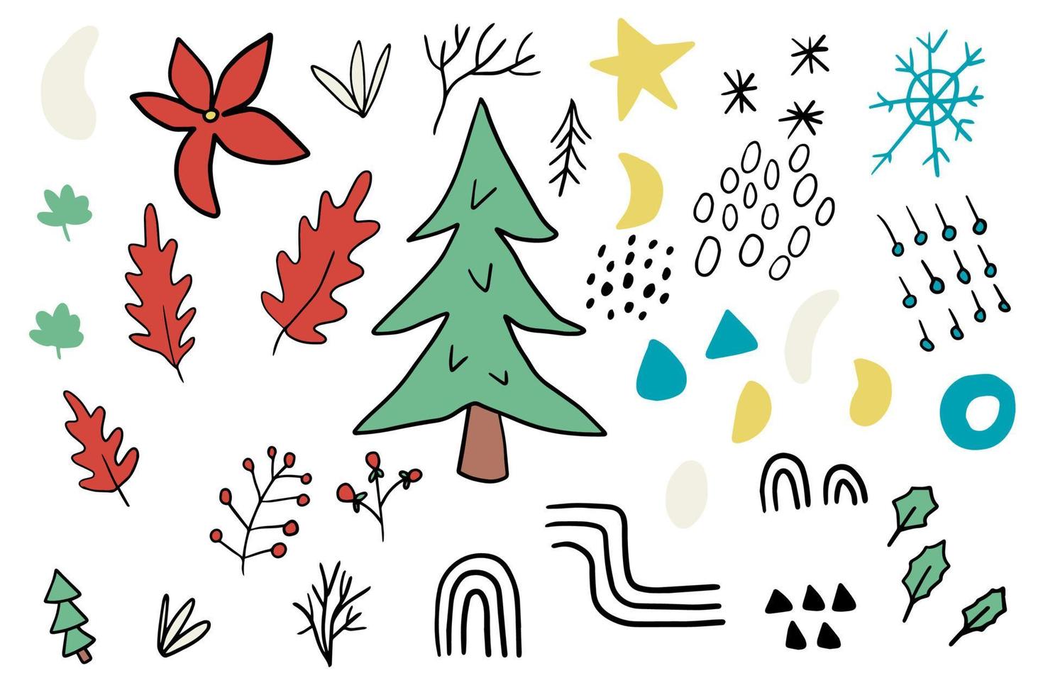 Cute cartoon hand drawn set of winter holidays elements isolated on white background. Collection of floral, geometric shapes. vector