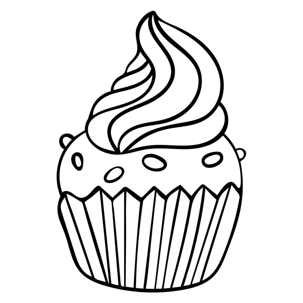 lindo icono de cupcake dibujado a mano. pastel de contorno de línea delgada negra aislado sobre fondo blanco. elemento de diseño para colorear libro para adultos. vector