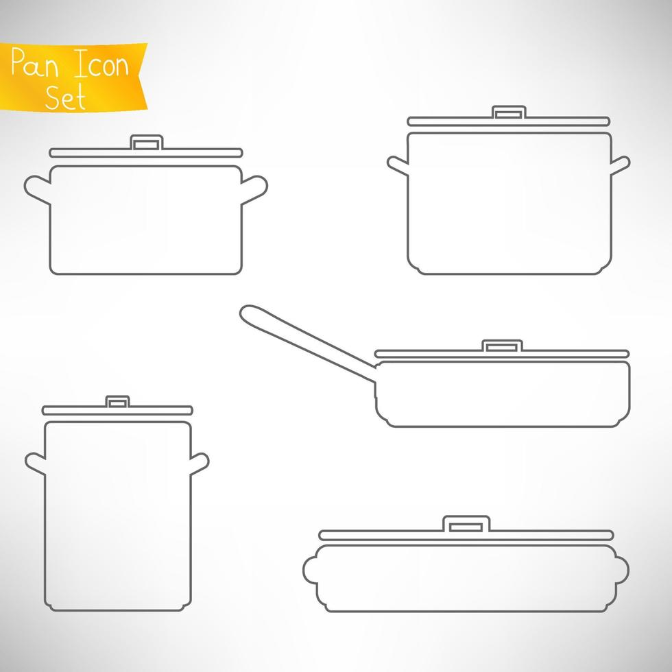 Set of thin line icons of pans to cook different dishes. Pans and pots collection isolated on white. vector