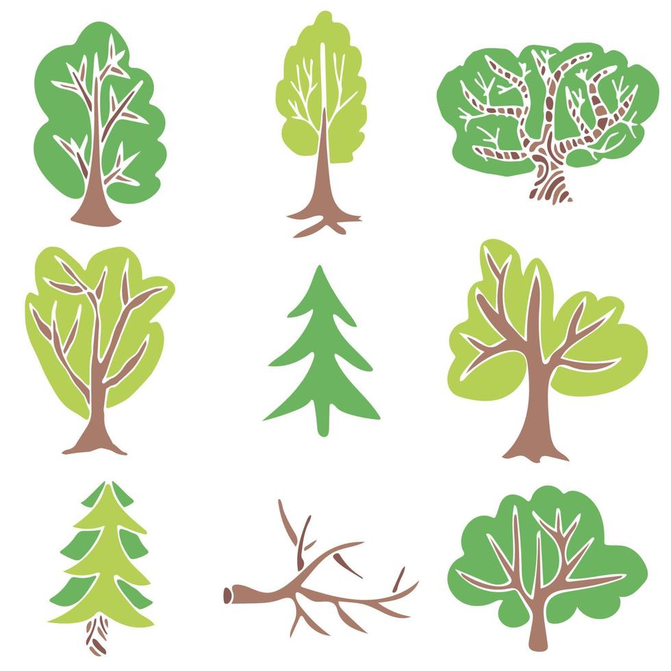 colección de árboles dibujados a mano. conjunto de siluetas de árboles verdes aislado sobre fondo blanco. vector