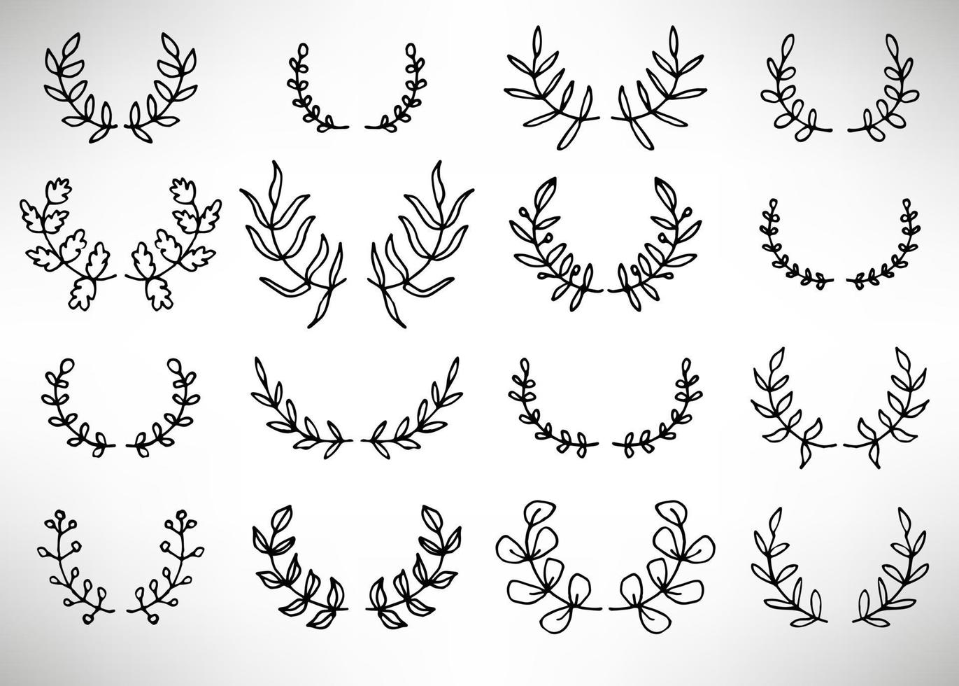 Black thin line wreath of hand drawn branches and leaves isolated on white background. Floral round frame. Laurel. vector