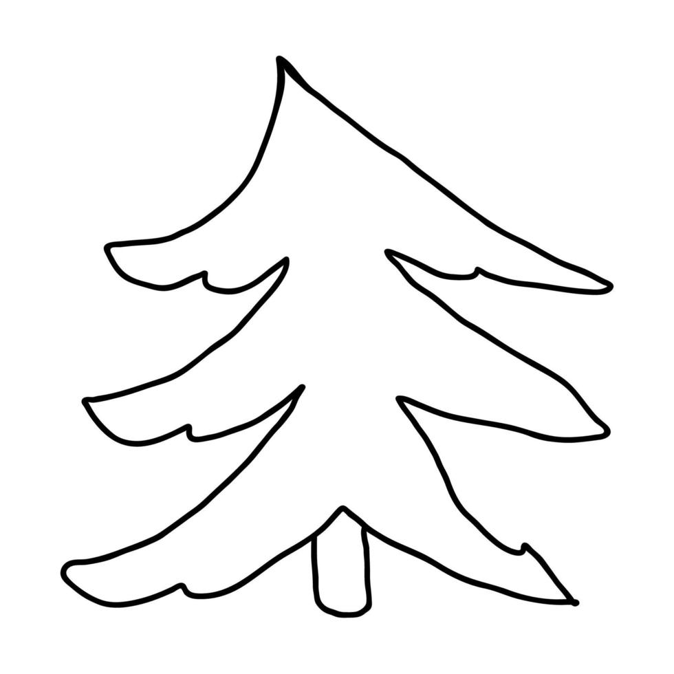 Cartoon doodle linear Christmas spruce isolated on white background. vector