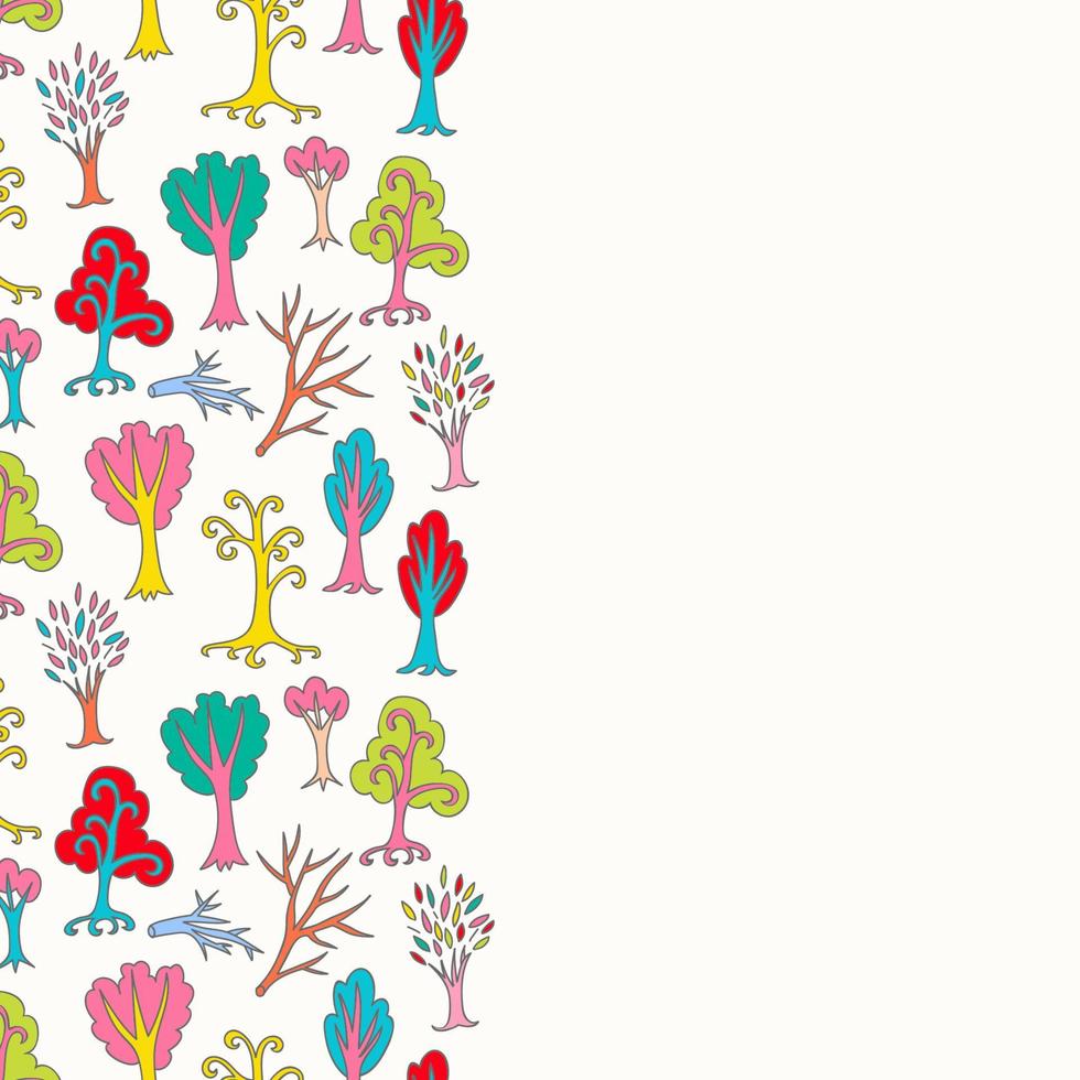 Colorful seamless leaflet with cartoon trees and branches with empty space. Hand drawn forest background. Cartoon woodland. The best for design textile fabric paper, wallpaper, kids. Wrapping. vector