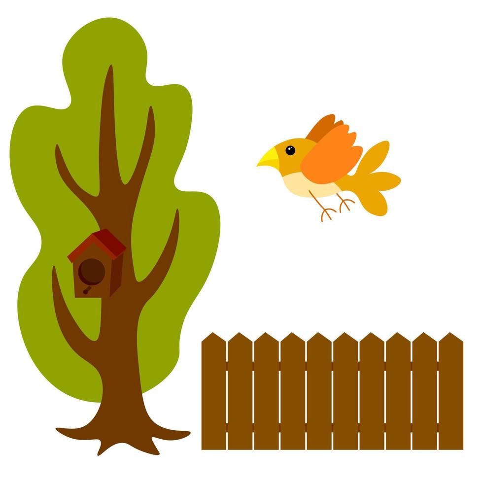 Cartoon green tree, bird, nesting box, fence isolated on white background. vector