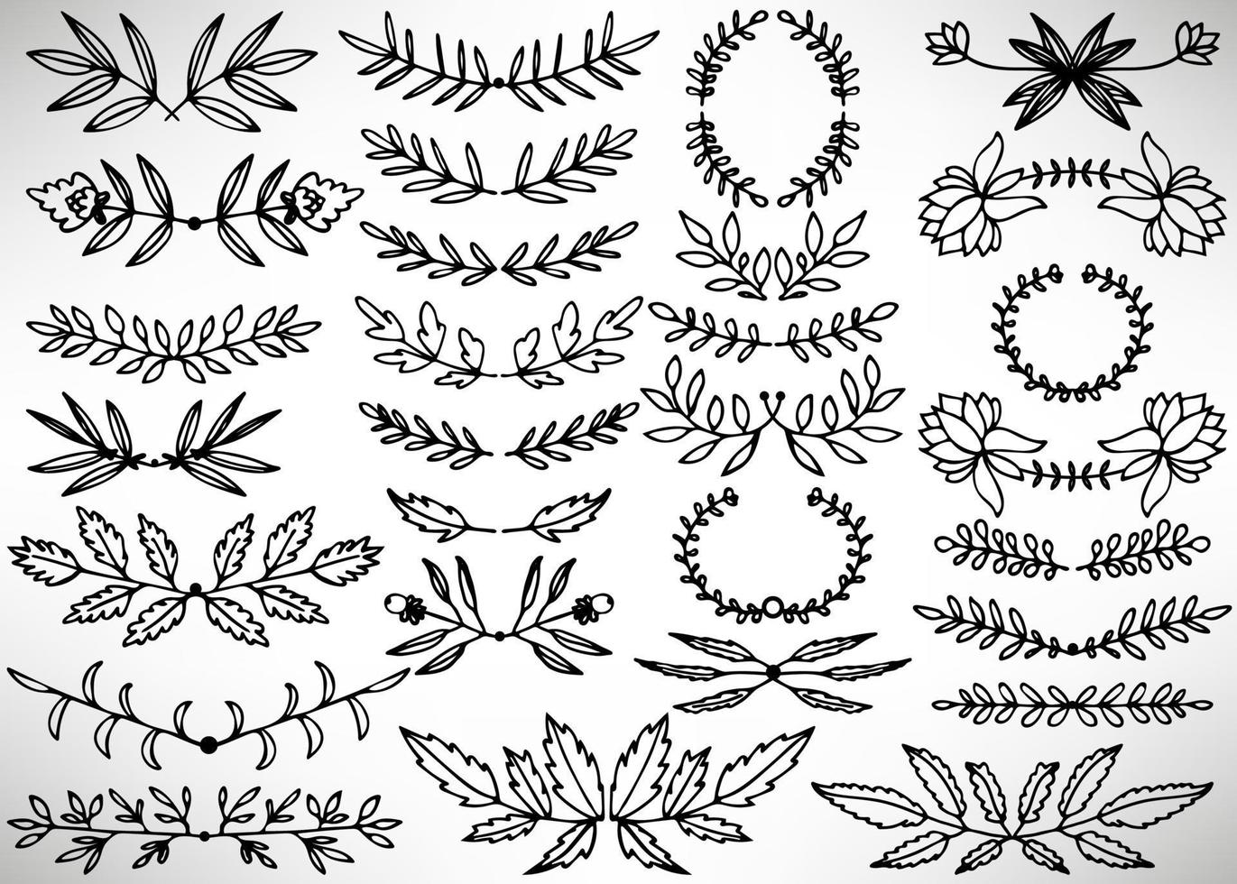 gran conjunto floral de divisores dibujados a mano negra, coronas de laurel, hojas, flores, ramas aisladas en blanco. colección de elementos florecientes para el diseño. vector