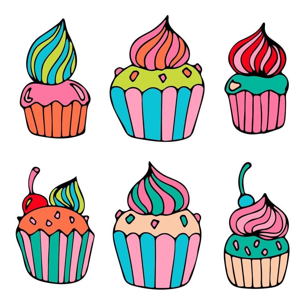 Hand drawn colorful doodle cake set. vector