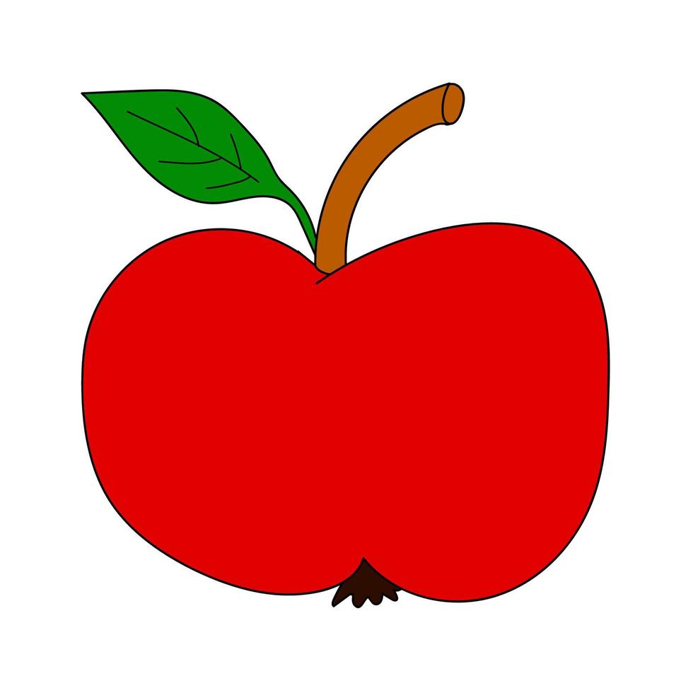 Cartoon linear doodle retro apple with leaf isolated on white background. vector