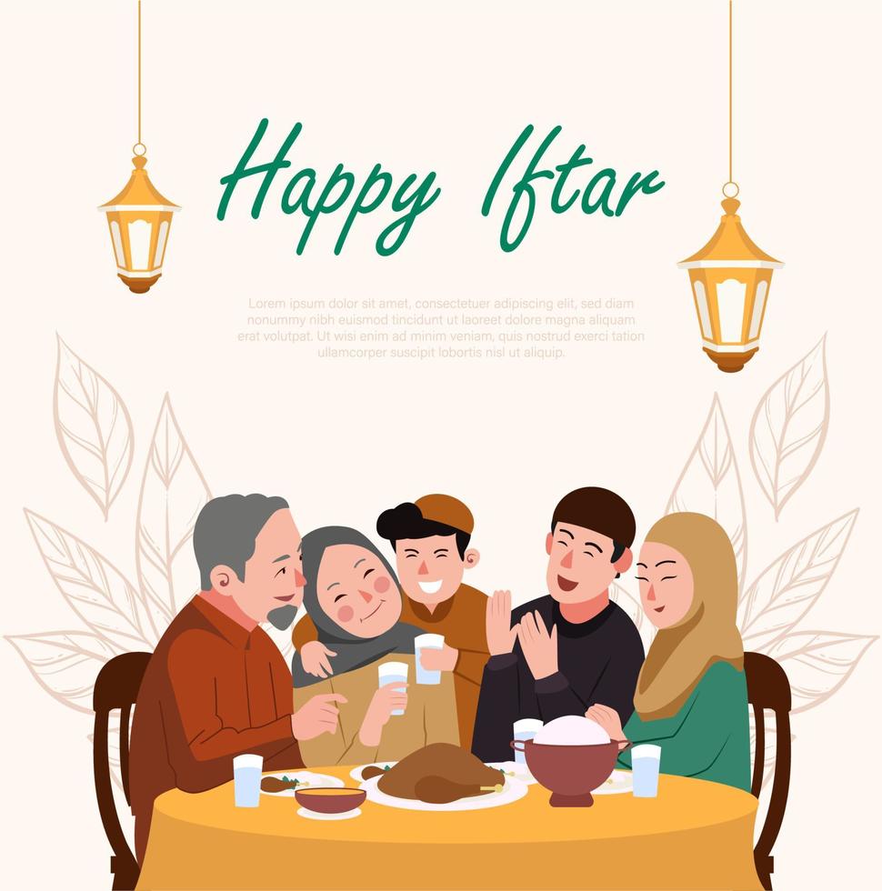 familia musulmana teniendo feliz iftar en el mes de ramadán vector