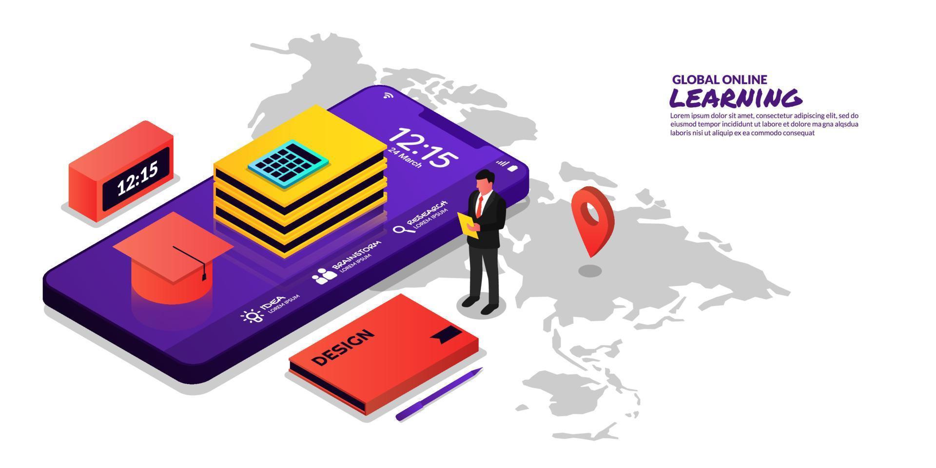 Global online education concept, learning from home with smartphone vector