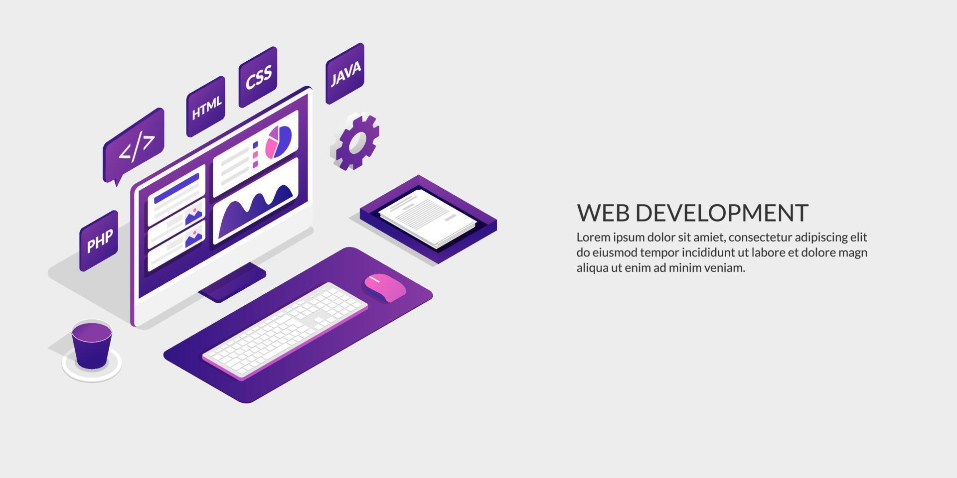 Web development and user interface design concept, isometric website development tools vector