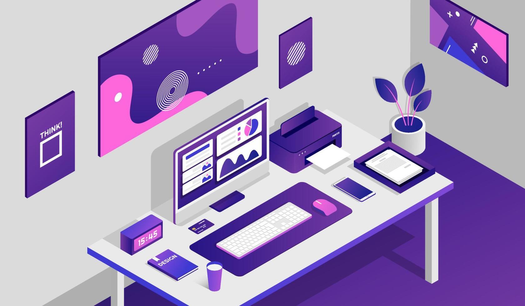 Working space room background with isometric elements vector