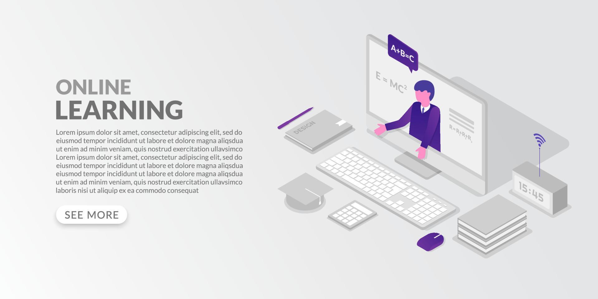 Online education concept in isometric style, learn from home by internet learning course vector