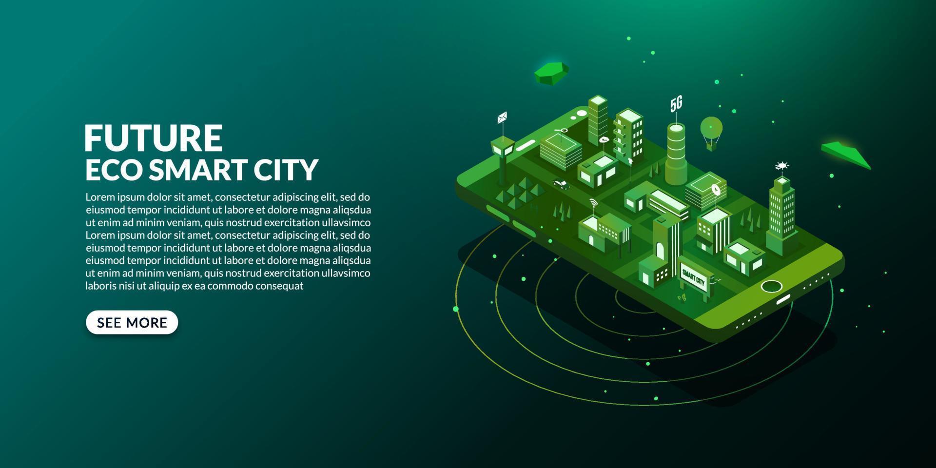 futura ciudad ecológica inteligente con la metrópolis conectada en diseño isométrico vector