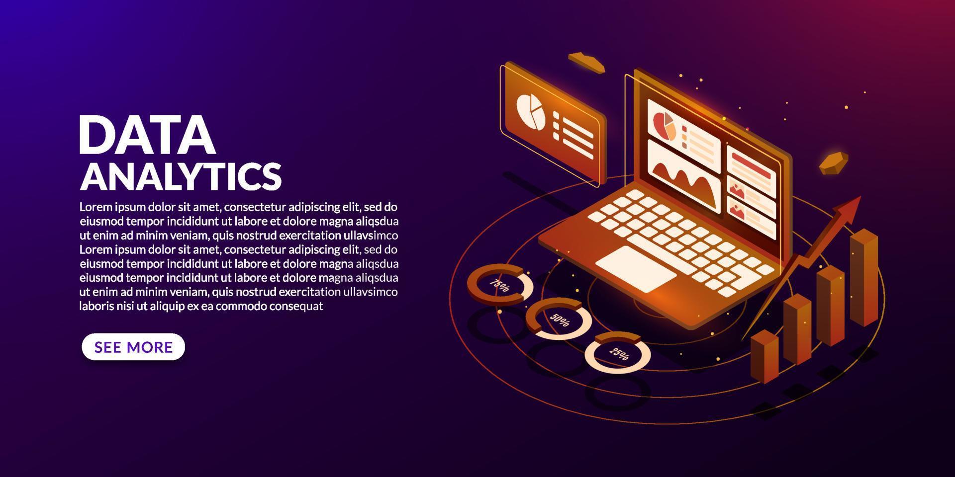 Isometric data analytics on dark background, Big data visualization concept vector