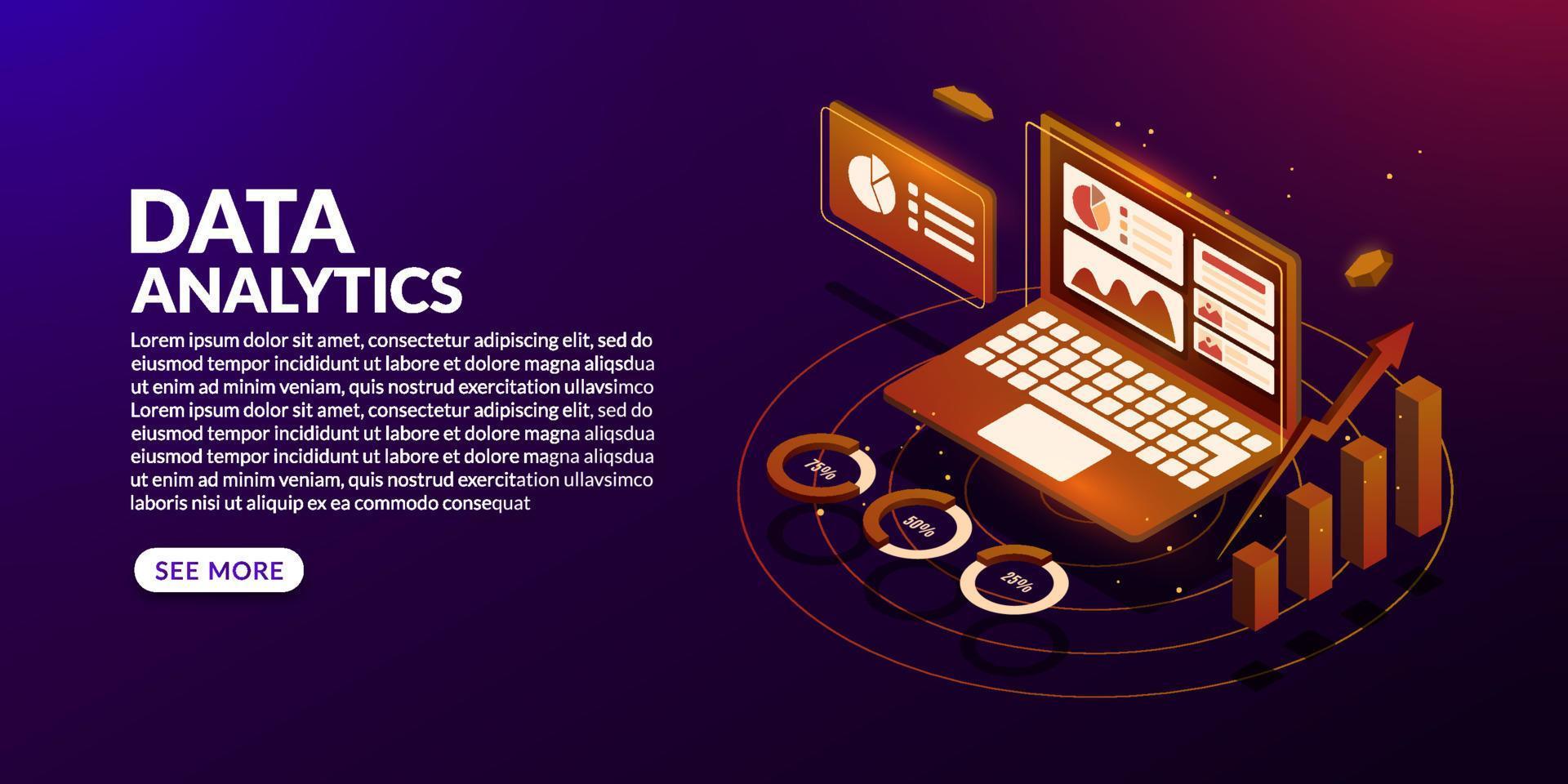 análisis de datos isométricos sobre fondo oscuro, concepto de visualización de big data vector