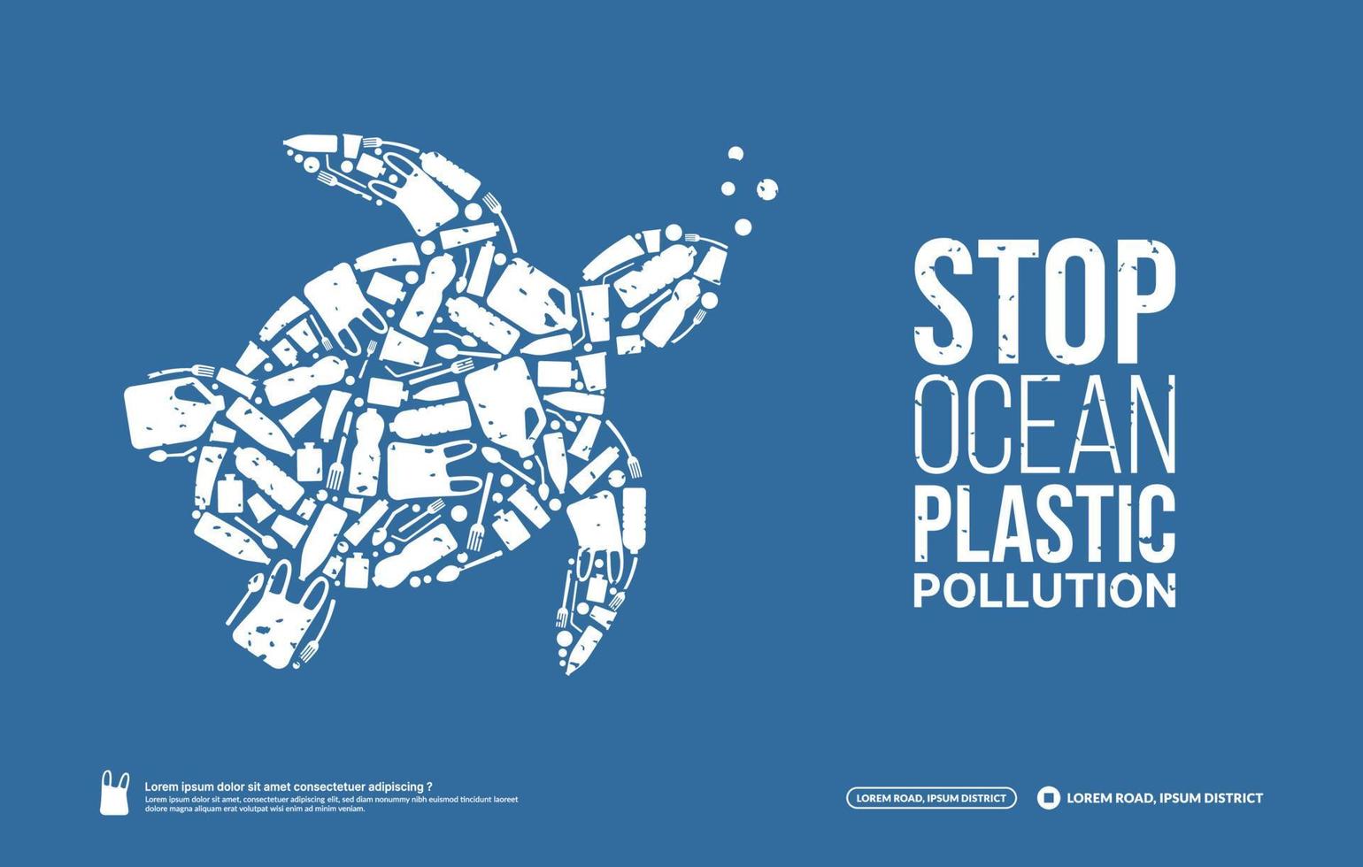 Concept of Stop ocean plastic pollution, Ocean environmental problem, marine animal turtle composed by plastic litters, World Ocean Day vector