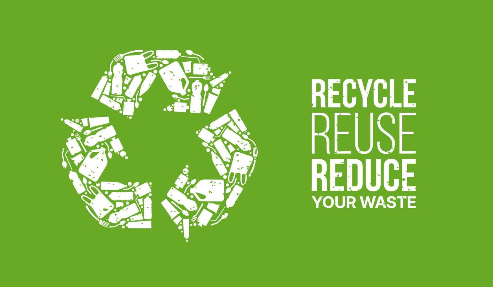 Recycle icon sign composed by plastic waste isolated on green background, Concept of recycle reuse reduce for ecological, zero waste and sustainability vector