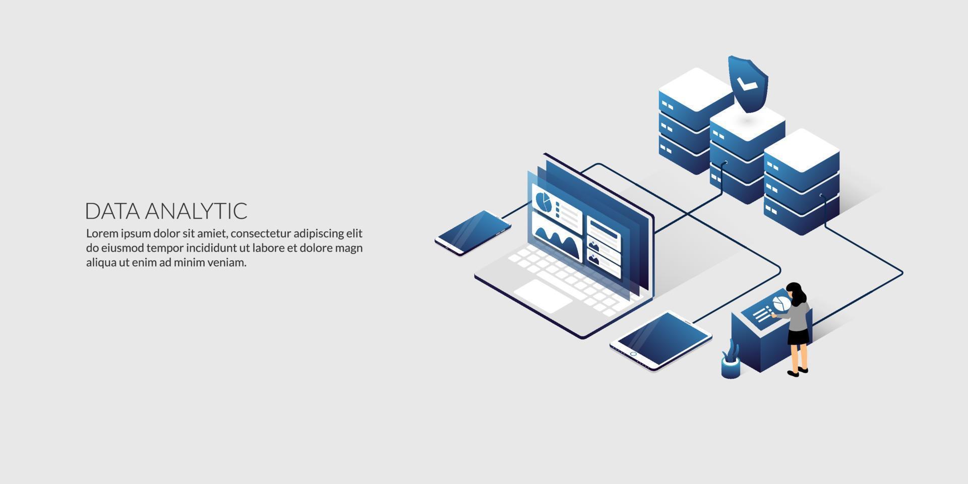 fondo analítico de datos isométricos y concepto de centro de datos de seguridad vector