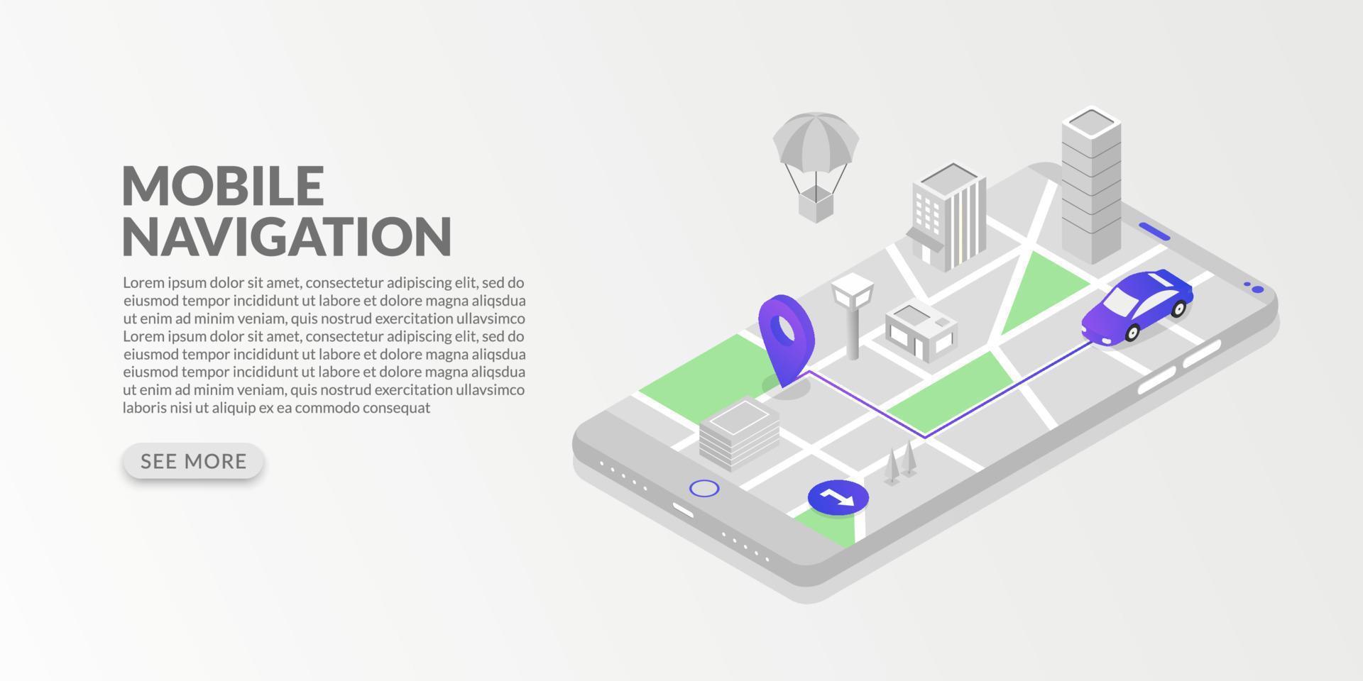 navegación gps móvil isométrica y seguimiento con mapa de ciudad y marcador vector