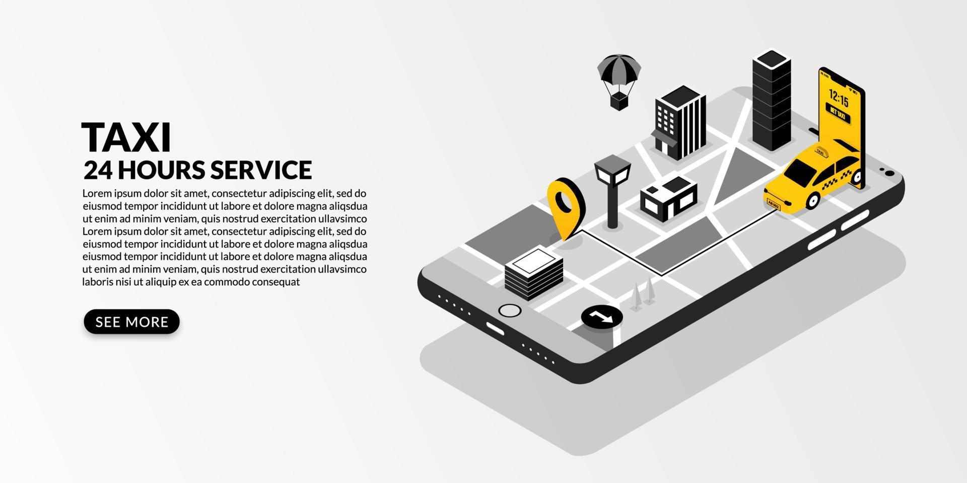 Online taxi service with the connected metropolis in isometric design vector