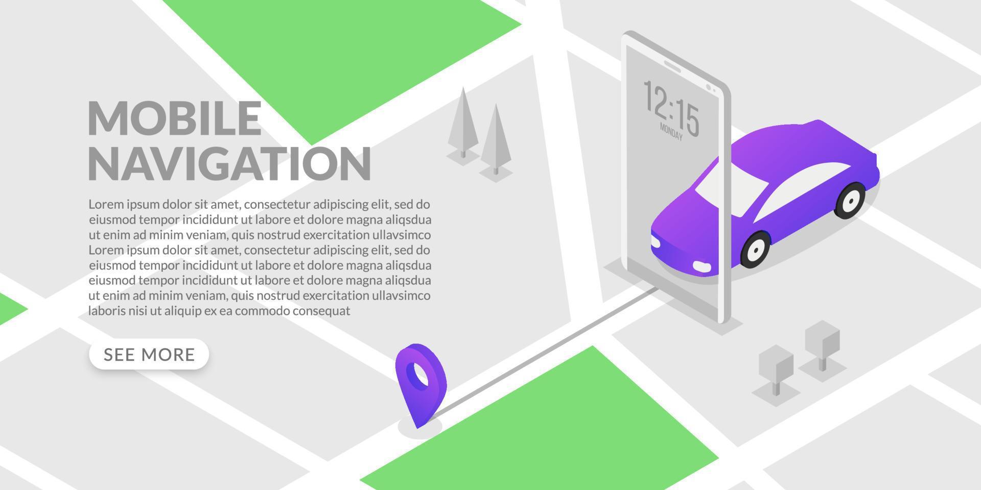 navegación gps móvil isométrica y seguimiento con mapa de ciudad y marcador vector