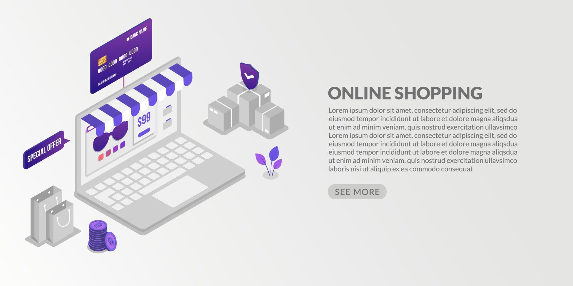Isometric online shopping and security online payments transaction vector