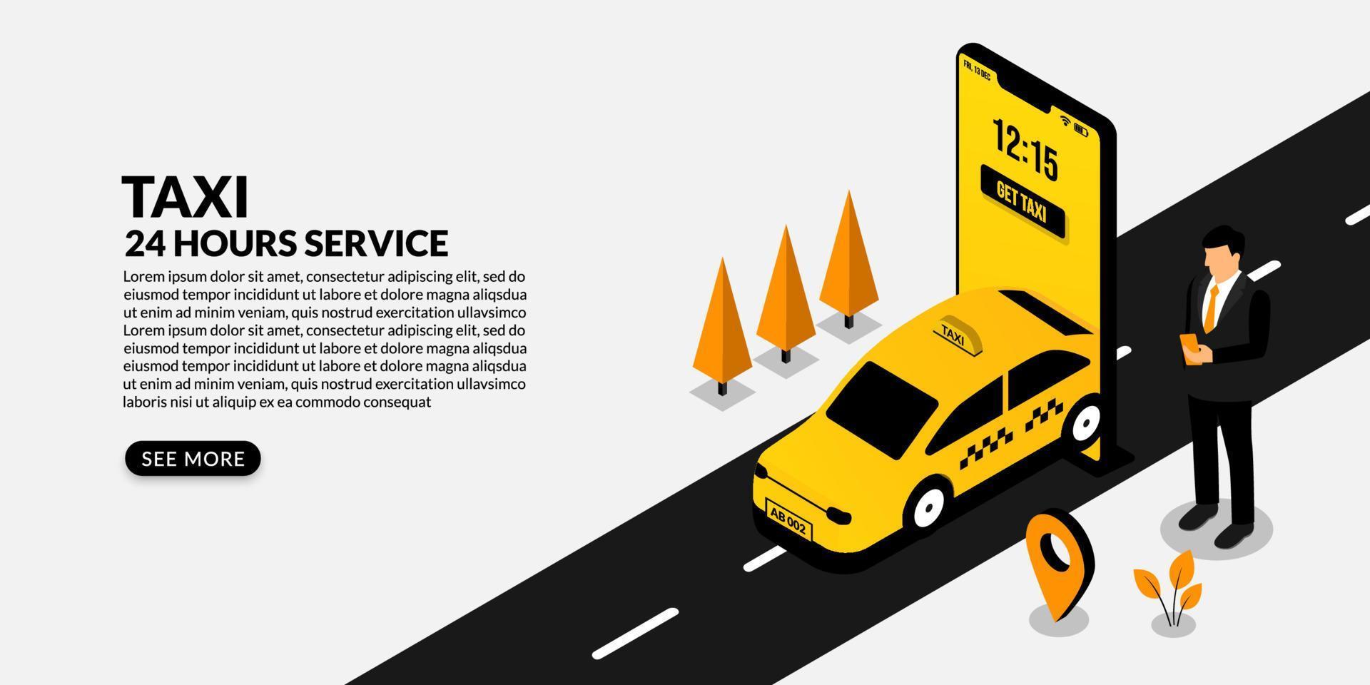 hombre de negocios que usa un taxi de reserva de teléfonos inteligentes, concepto de servicio de taxi en línea isométrico vector