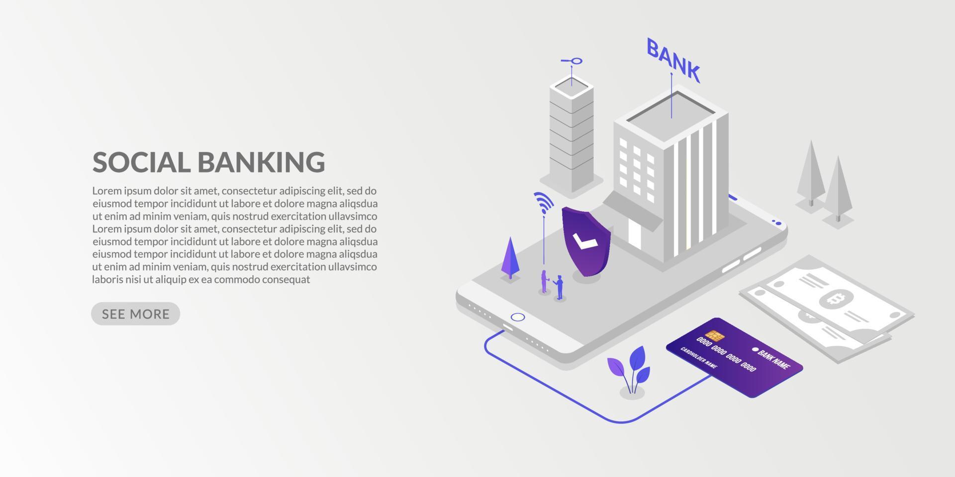 Isometric social banking concept, security online payments transaction vector