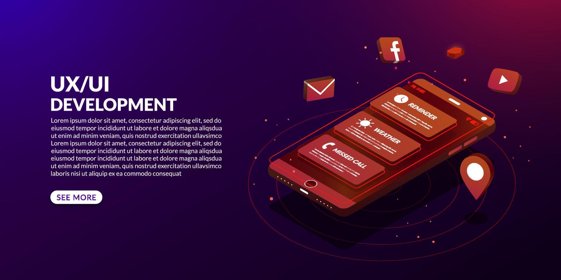 Mobile application development, UX UI design concept in isometric design vector