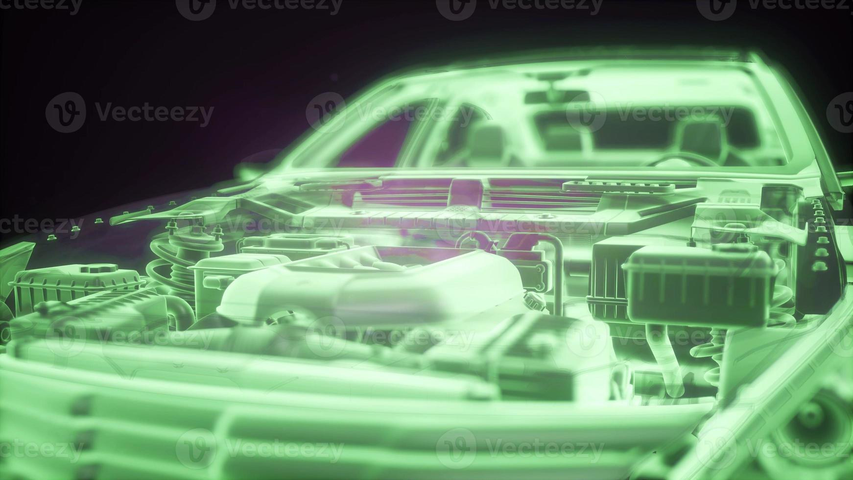 Holographic animation of 3D wireframe car model with engine photo