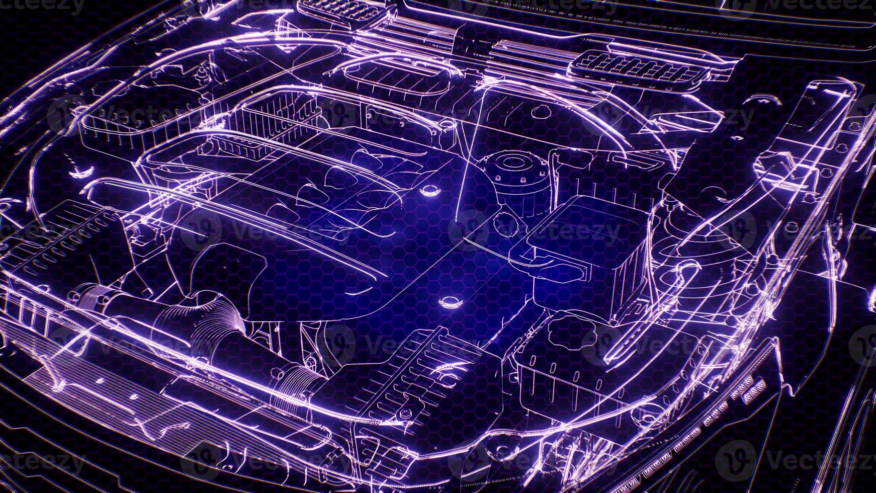 Holographic animation of 3D wireframe car model with engine photo