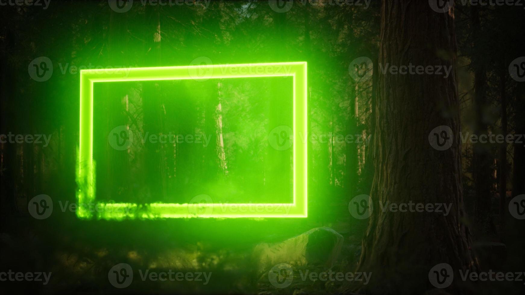 Neon glowing rectangle frame in the night forest photo