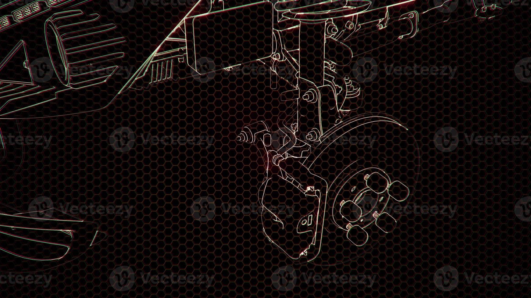 Holographic animation of 3D wireframe car model with engine photo