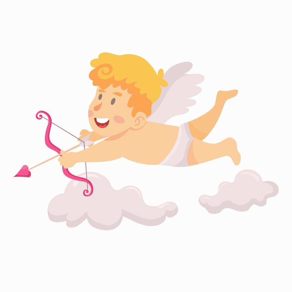 Cute cupid flying and aiming with arrows and bow vector illustration