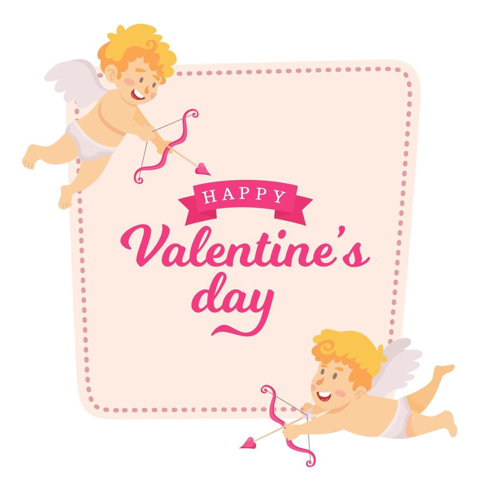 Valentine's day card vector illustration. cute cupid angels flying with bow and arrow