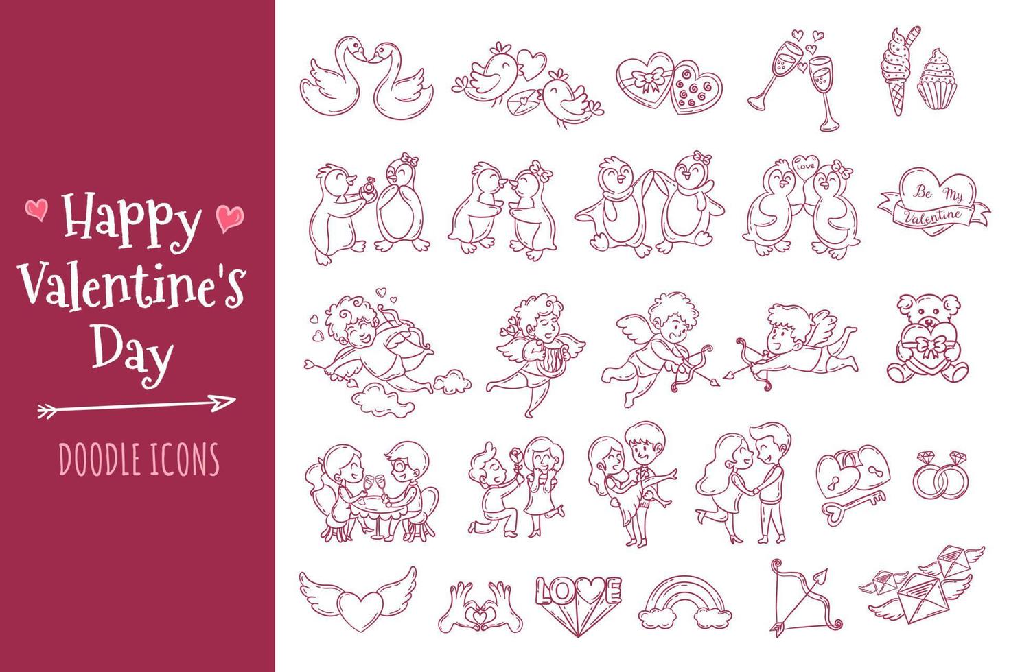Valentine's Day doodle icons set. Collection of Valentine's Day elements vector
