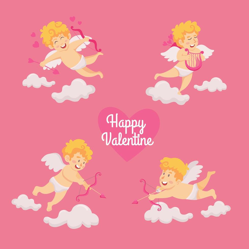 Valentine's day card vector illustration. Cute cupid angels character with bow and arrow
