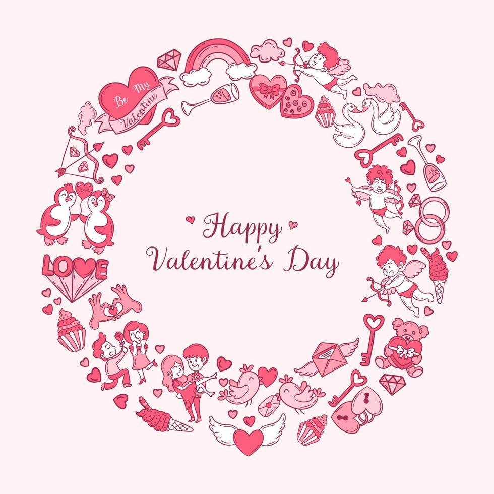 Valentine's Day greeting card with doodle icons and text vector