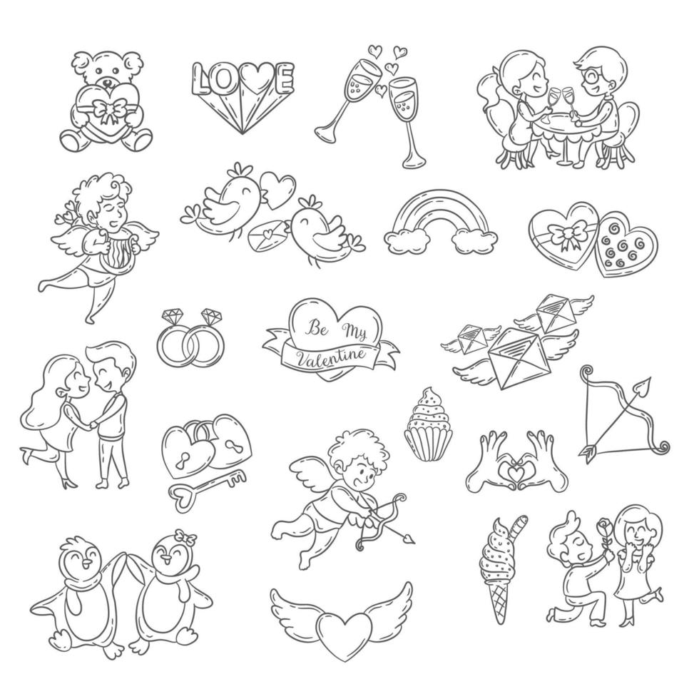 Set of cute Valentine day doodle elements vector