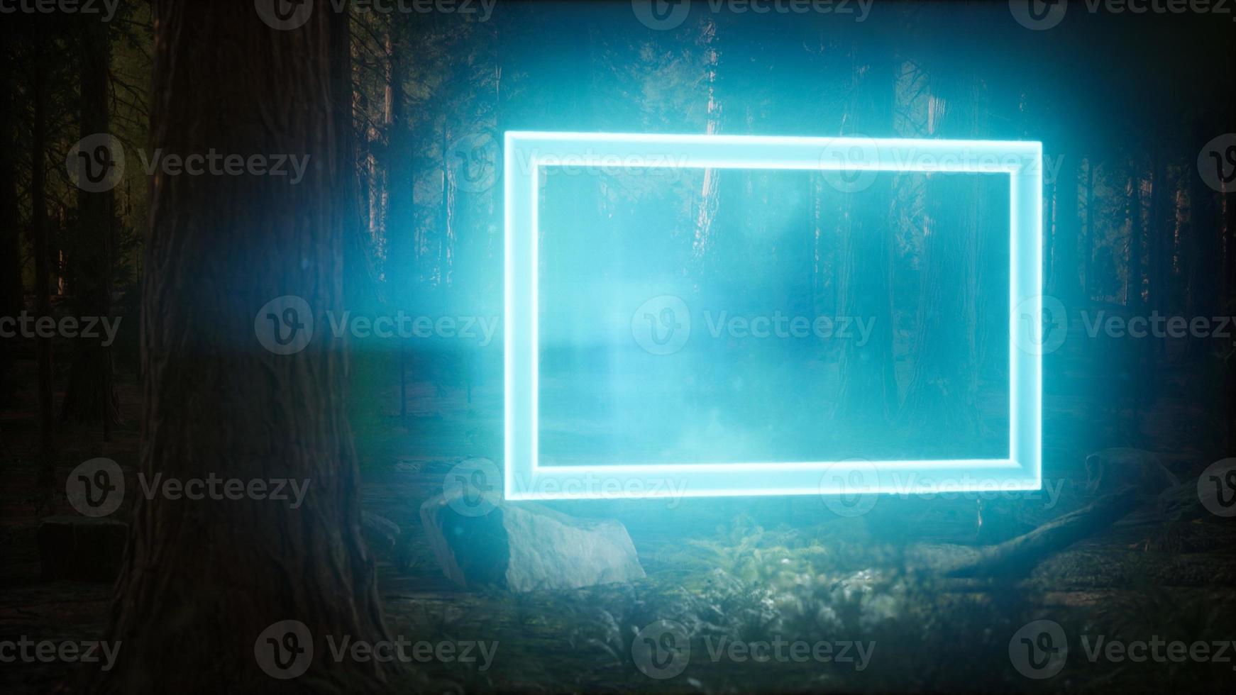 Neon glowing rectangle frame in the night forest photo