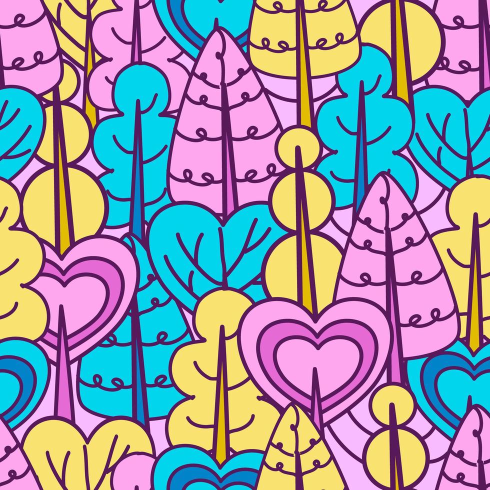 Colourful psychedelic different shaped tree pattern. Vector illustration