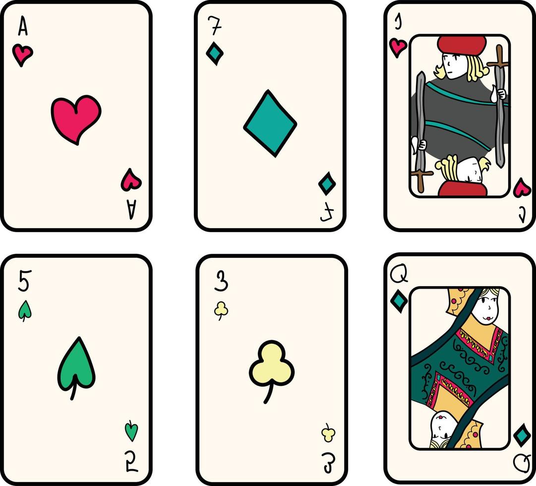 Set of game cards drawn in hand drawn childish doodle style. Includes numbers of diamonds, hearts, clubs and spades. Includes A, seven, five, three, queen Q and jack J. vector
