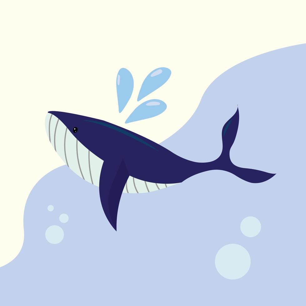 imagen de ballena soplando agua sobre un bonito fondo amarillo y azul con burbujas decorativas. diseño de personajes de ballena azul grande vector